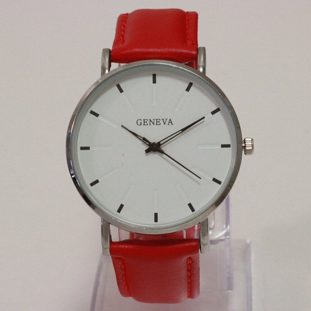 Men's Minimalist Fashion Watch Silver Case White Dial Red Strap 40mm - Picture 3 of 14
